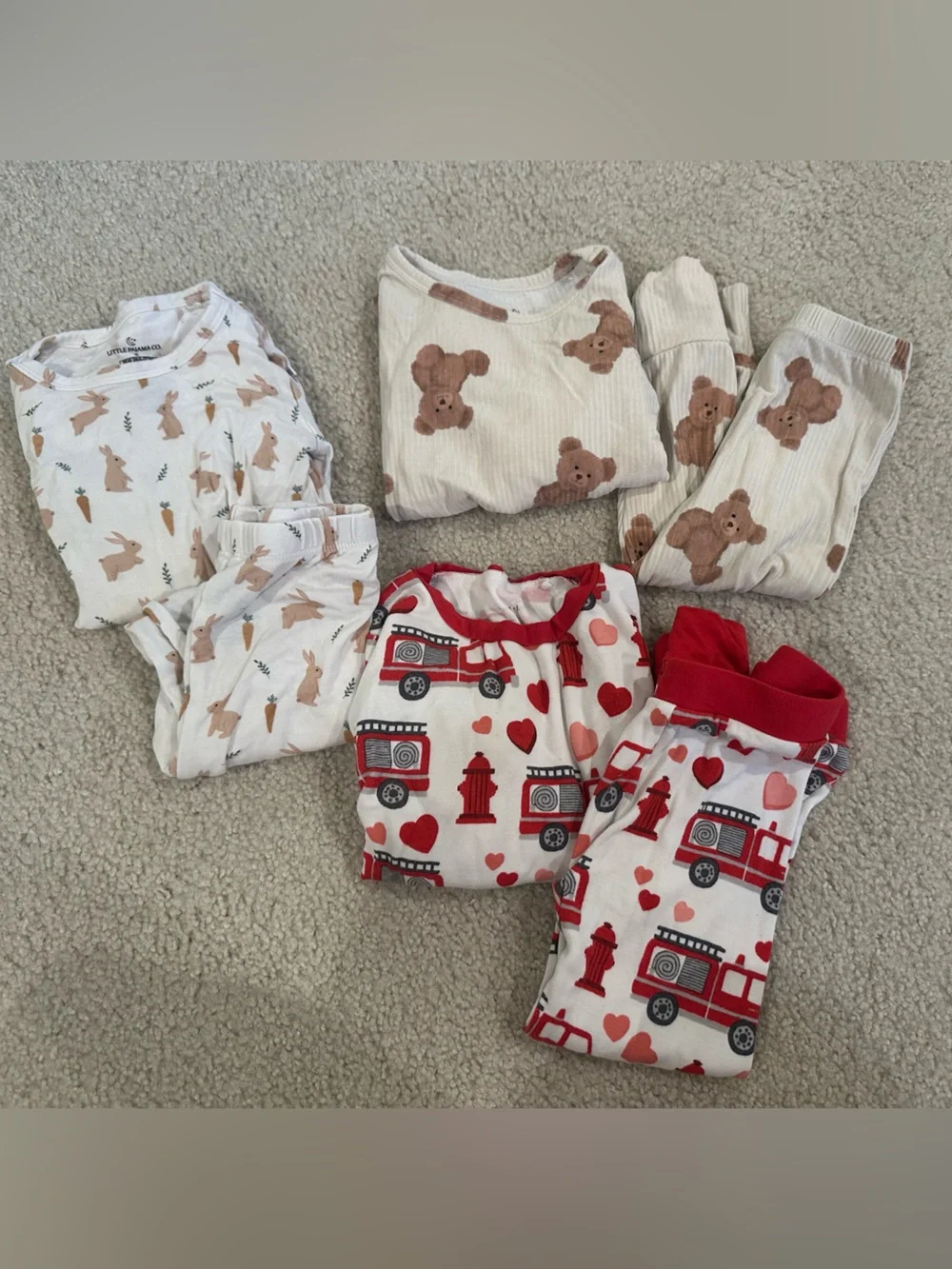 Baby Pajama Set - Teddy Bear & Firetruck Prints, White & Red READ DESCRIPTION